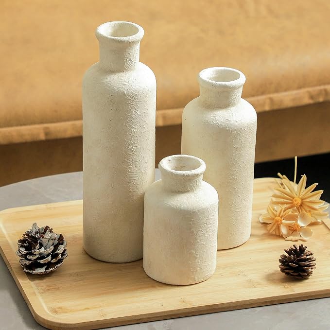 Ceramic Vases Set of 3, Whitewashed Neutral Flower Vases Home Decor, Pottery Rustic Farmhouse Decorative Vases Modern Decor for Table Mantel Entryway Bookshelf Living Room Kitchen Bedroom - Image 5