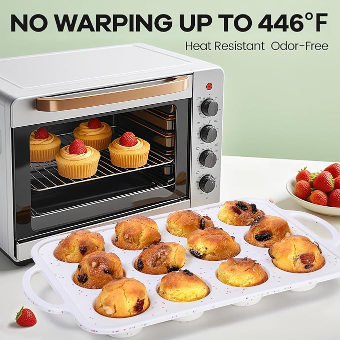 Silicone Muffin Pan with Metal Reinforced Frame - Non-Stick 12 Cups Muffin Pan for Homemade Making Muffin Cakes, Tart, Bread, Oven and Dishwasher Safe - Cream with Rainbow Dots Set of 2