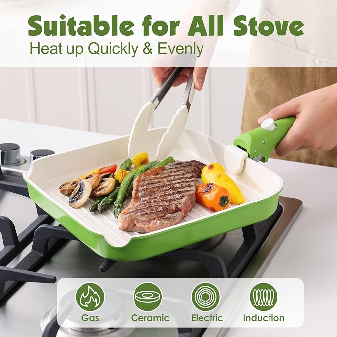 SENSARTE 17 Piece Ceramic Detachable Handle Pots and Pans Set Green | Ceramic Cookware Set, Induction Cookware Set with Removable Handle, Healthy Non Stick for RV, Dishwasher ＆ Oven Safe - Image 6