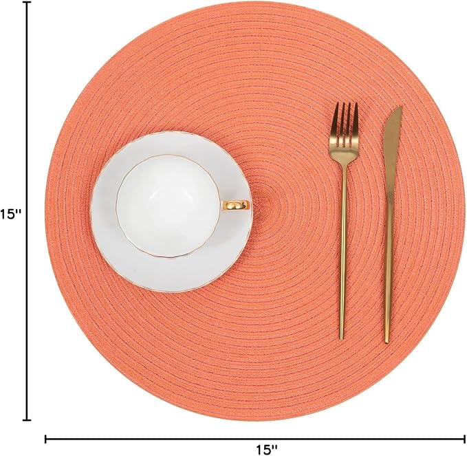 SHACOS Round Braided Placemats Set of 6 Washable Cotton Polyester Round Placemats for Kitchen Table 15 inch Round Table Mats (Coral, 6) - Image 2