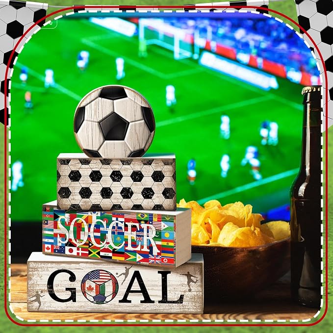 Moucuny 4 Pcs Soccer Table Decor Wooden Sport Tiered Tray Decor National Flags Table Centerpiece Decorative Classic Soccer Block Signs Gift Farmhouse Sports Decoration for Home Kitchen Shelf - Image 6