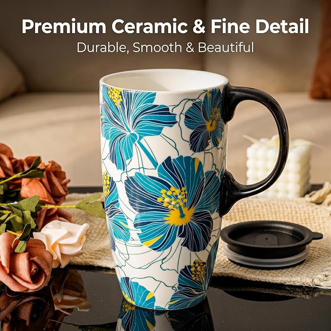 Topadorn 17oz Ceramic Travel Mug with Lid, Hibiscus Coffee Mug | 17oz Ceramic Travel Mug • Hibiscus Floral Design • Coffee Mug with Lid • Microwave & Dishwasher Safe • Gift Box - Image 4