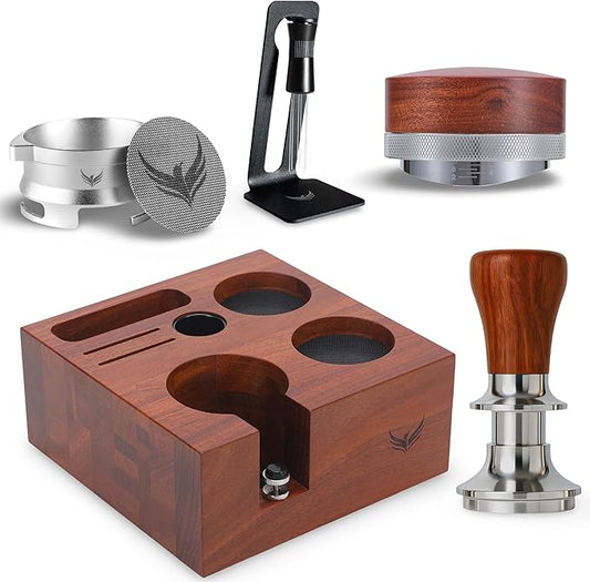 54mm Espresso Accessories Set – Must-Have Coffee Tools Set with Tamper, Distributor, WDT Stirrer, Dosing Funnel, Puck Screen & Rosewood Organizer | Espresso Machine Accessories Kit