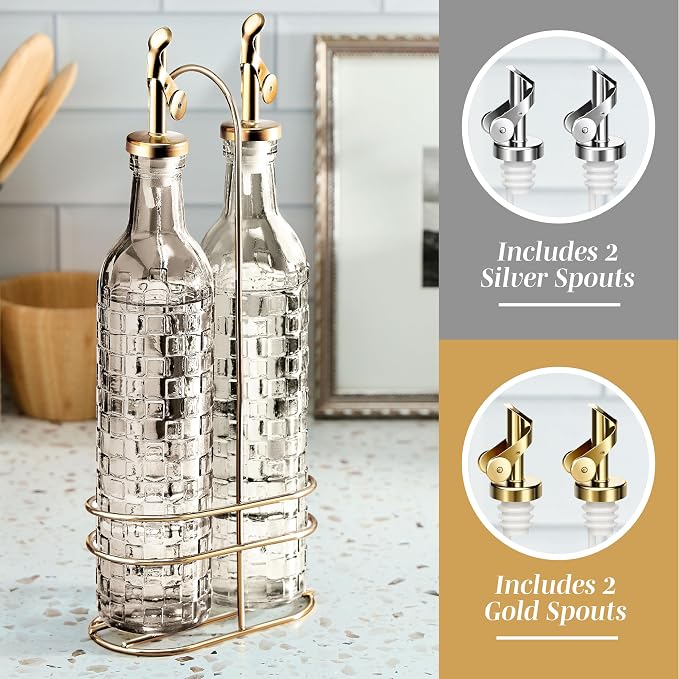 COOK WITH COLOR Glass Olive Oil Bottle Dispenser - 2 Pack- 17oz Oil and Vinegar Cruet - Olive Oil Carafe Decanter for Kitchen, Checkered, Brown - Image 4