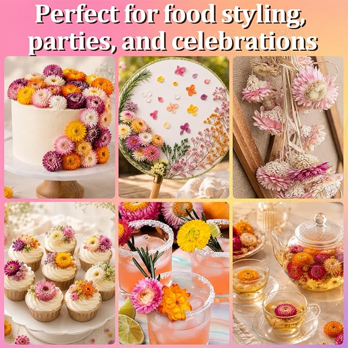 130+ Edible Dried Mixed Flowers for Cake Decorations - Food Grade Natural Color Strawflower, Dried Flower for Drink Toppers, Cocktail Garnish, Cupcakes & DIY Crafts - Image 7