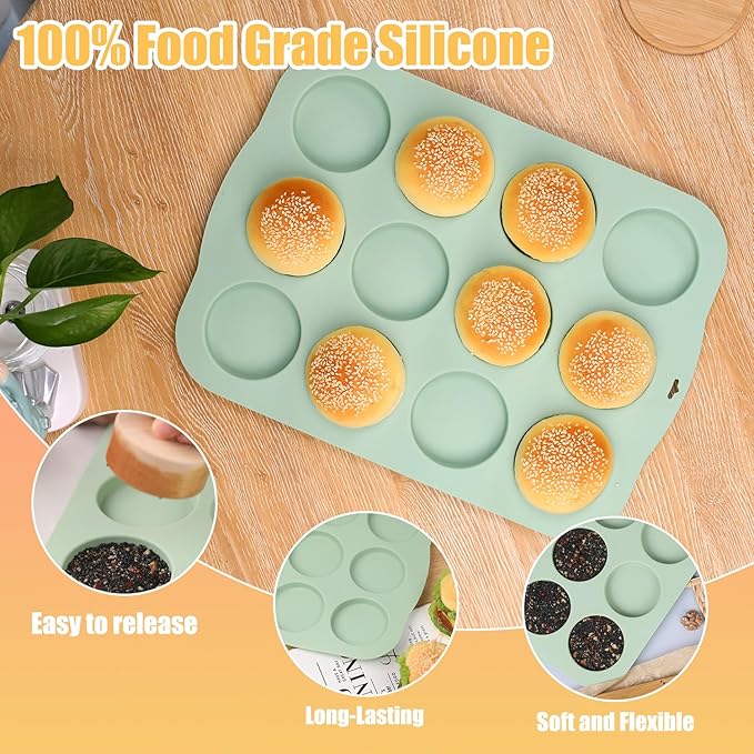 QELEG Silicone Round Muffin Top Pans for Baking, 3" Non-Stick Hamburger Bun Mold Jumbo Egg Molds for Muffins, Pancake, Tarts, Corn Bread, Burger Bun, Oreo Cookie, 12 cavities, Green