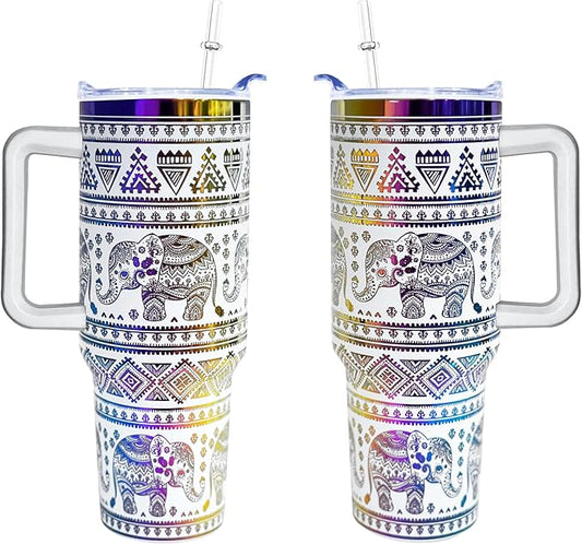 40 oz Elephant Laser Engraving Tumbler With Handle With Lid Straw Double Insulated Travel Coffee Cup Elephant Travel Accessories Must Have Gifts For Women