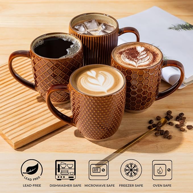 GBhome Large Coffee Mugs Set of 4, 16oz Handmade Embossed Coffee Mugs Set with Large Handle for Cappuccino/Latte/Tea/Hot Cocoa, Dishwasher & Microwave Safe, Caramel - Image 5