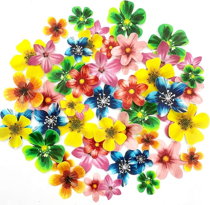 Weraru Edible 48Pcs Hawaii Flowers Wedding Cake&Cupcake Topper Luau Themed Party Birthday Cake Decoration by Weraru
