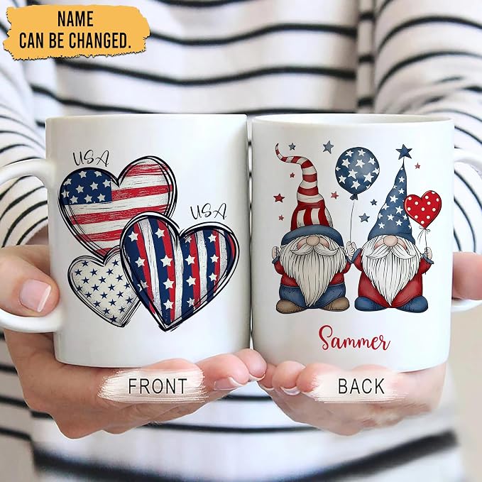 Hyturtle Personalized Gnome Mug Gifts For Women - 4th of July Mug | Gnome Lover Gift Ideas, Patriotic Gnomes, American Flag Red White Blue USA Custom Name 11oz White Ceramic Coffee Tea Cup - Image 2
