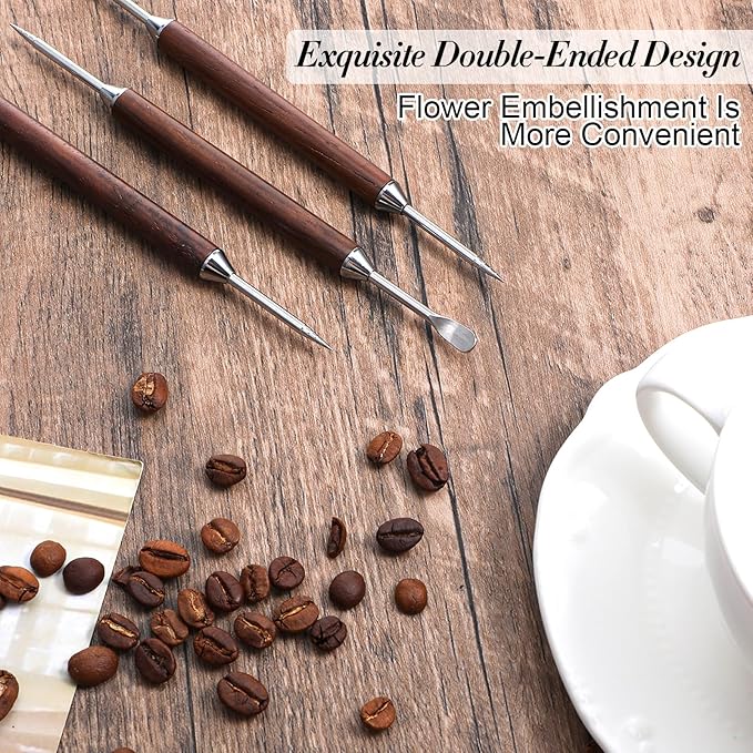3 Pack Latte Art Pen, Double-Ended Coffee Latte Art Tools, Stainless Steel Coffee Drawing Tools with Wood Handle Barista Accessories for Espresso Designs, Home and Cafe Use
