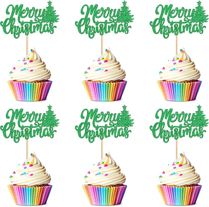 24 Pack Christmas Cupcake Toppers - Merry Christmas & Holiday Cupcake Picks - Boy Girl Baby Shower Birthday Party Cake Decorations - Green by Cyodoos