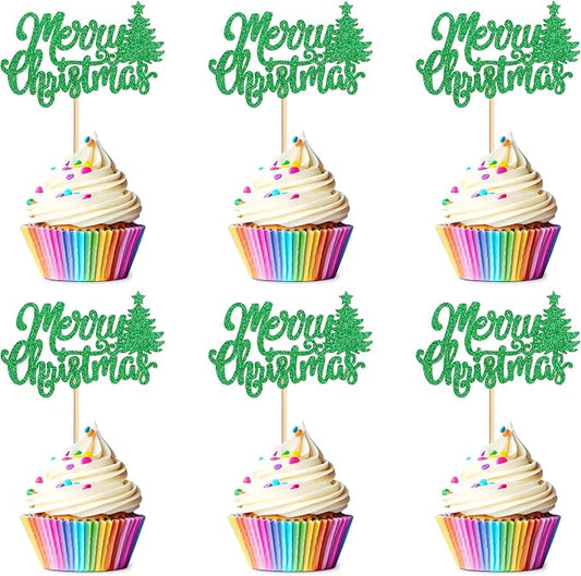 24 Pack Christmas Cupcake Toppers - Merry Christmas & Holiday Cupcake Picks - Boy Girl Baby Shower Birthday Party Cake Decorations - Green by Cyodoos