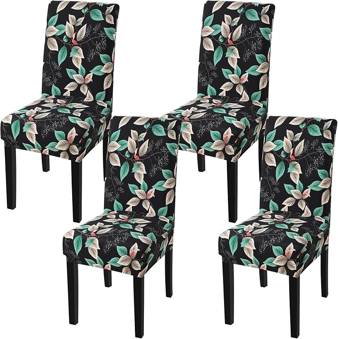Fuloon Chair Covers for Dining Room 4 Pack, Printed Stretch Dining Slipcovers, Washable Kitchen Slip Covers for Parson Chair Midnight Leaves Printed, Set of 4 by Fuloon