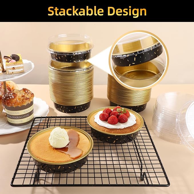 Beasea Pie Tins with Lids 8oz, 120 Pack 4 Inch Disposable Mini Creme Brulee Ramekins Gold Black Small Aluminum Foil Pie Tart Cake Baking Pans Individual Round Containers Oven Safe for Baking - Image 6