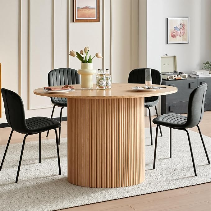 5 Piece Round Dining Table Set for 4, Mid Century Modern Wooden Kitchen Table and Chairs, Space-Saving Small Dinette Set (47 Inch Oak Table+4 Black Chairs) - Image 4