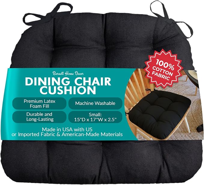 Barnett Home Decor Cotton Duck Black Dining Chair Pad with Ties - 15 x 17 Size Small Chair Cushion - Latex Foam Fill - Machine Washable, Reversible, Solid Color, 100% Cotton, Made in USA by BarnettHomeDecor