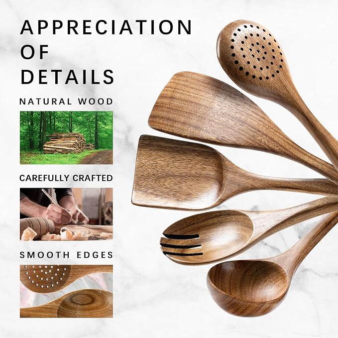 Wooden Spoons for Cooking, 5-Piece Acacia Wood Cooking Utensil Set | Spoons and spatulas stir, mix, flip and serve; balanced handles offer control while staying gentle on nonstick cookware. - Image 4