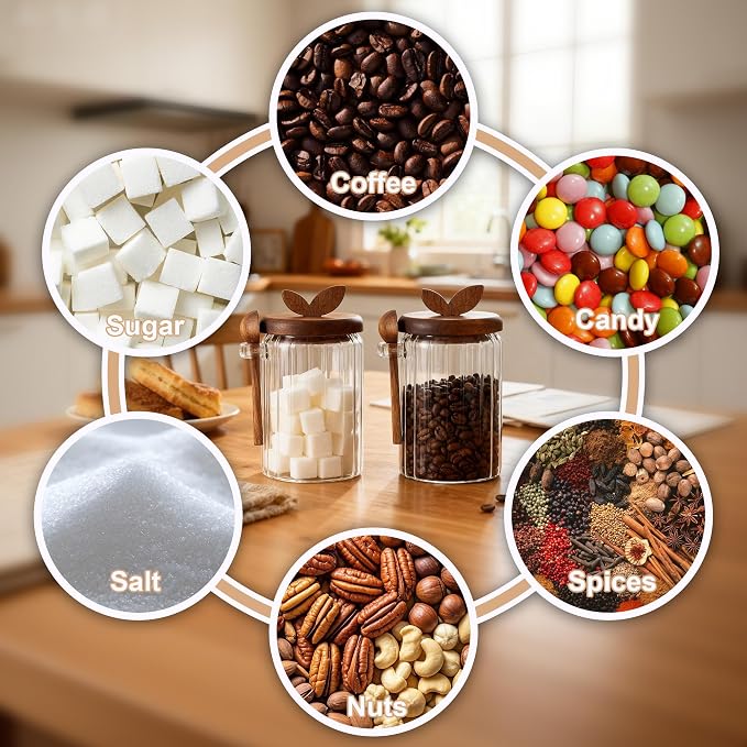 holoith 2 Pack Sugar Bowl Sugar Container 27oz Glass Jars with Bamboo Lid and Spoon, Airtight Food Storage Jar for Coffee Bar, Kitchen Canisters for Coffee Beans, Spice, Brown Sugars, Nuts, Candy | Airtight Food Storage Jar for Coffee Bar, Kitchen Cani... - Image 7