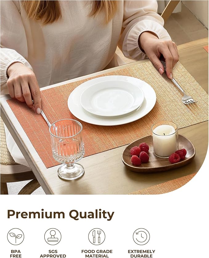 Leetaltree Gradient Burnt Orange Woven Placemats Set of 8 - Heat Resistant Non-Slip Fall Place Mats for Dining Table, Washable Durable PVC Vinyl Woven Table Mats(Gradient Orange-red, 8) - Image 6