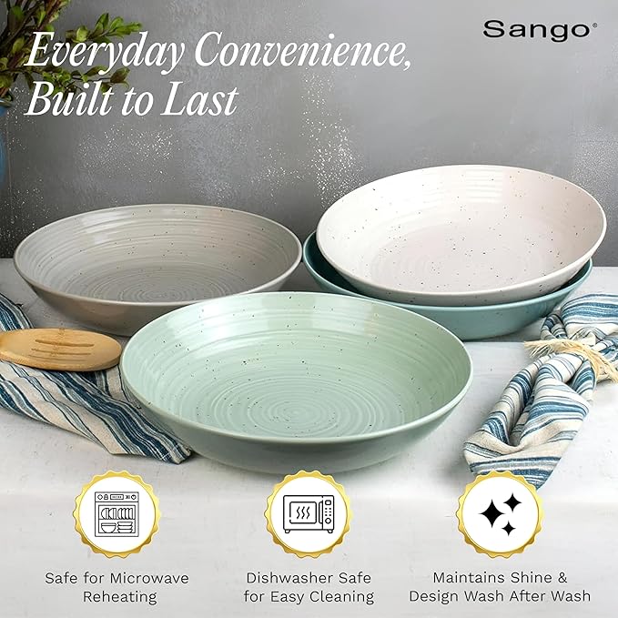 Sango Siterra Artist's Blend Stoneware Pasta Bowls (Set of 4) Multi Assorted Colors– Featuring Soft Gray, Blue, Green, and Ivory, for Everyday Dining & Entertainment, Microwave & Dishwasher Safe - Image 4