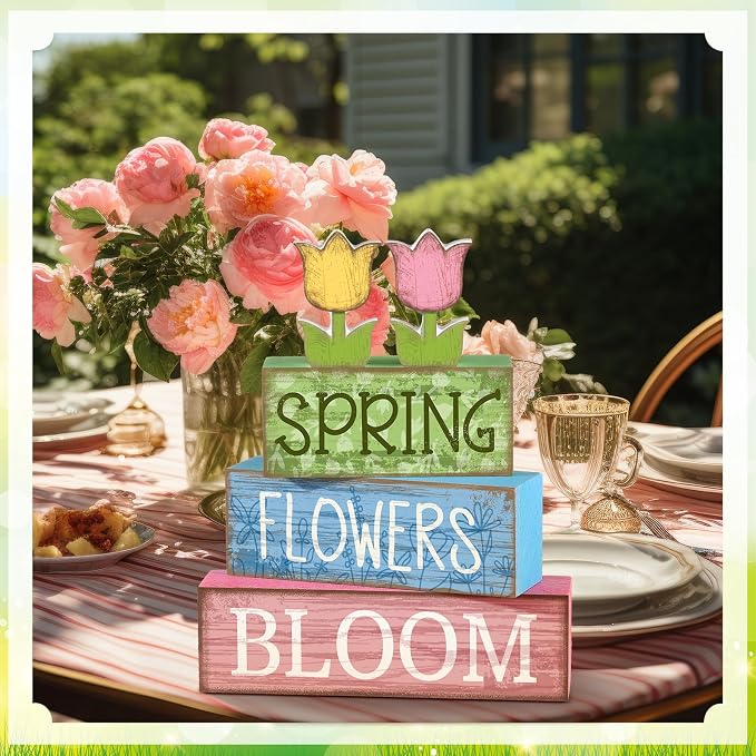 Moucuny 4 Pcs Spring Table Decor Wooden Tulip Spring Tiered Tray Decor Flowers Table Centerpiece Decorative Colorful Tulip Block Signs Gift Farmhouse Flowers Decoration for Home Kitchen Shelf - Image 3