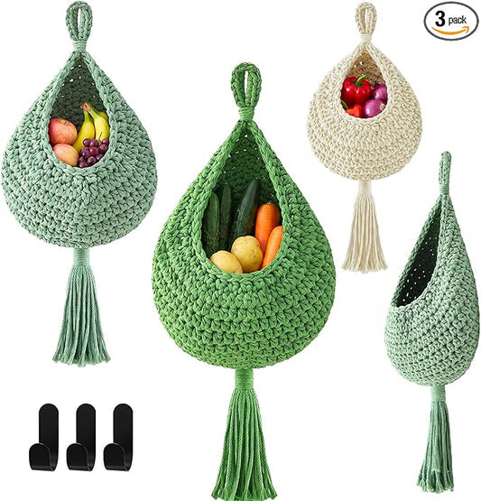 Honeydak Boho Decor Hanging Wall Baskets for Kitchen 3 Pack Teardrop Baskets with Hooks Storage Fruit Onion Vegetable Potato for Home 3 Sizes(Sage Color Palette,Tassel,Cotton Rope) by Honeydak