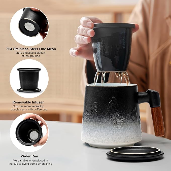 suyika Ceramic Tea Cup with Infuser and Lid, Gradient Embossed Large Tea Mug Wooden Handle for Steeping Loose Leaf, Tea Lover Gifts 15.2 oz / 450 ml,Matte Black - Image 2