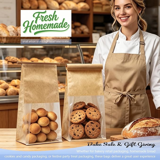 Cookie Bakery Bags with Window Small Bread Baked Goods Packaging Tin Tie Tab Closure for Candies, Treats, Snack - Brown Kraft Paper 45 Pcs 11x5.1x3.9 Inch - Image 6