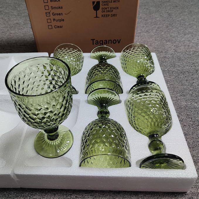 Taganov Green Wine Glass Water Goblets Vintage Glassware set of 6 Colored Stemware 13.5 oz for Wedding Party Bar Housewarming Gift - Image 5