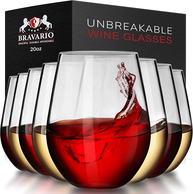 Bravario Unbreakable Stemless Plastic Wine Glasses | Reusable | Shatterproof 100% Tritan Plastic | Dishwasher-Safe | BPA-free | Awesome for Indoor & Outdoor | 20 oz, Set of 8 by Bravario