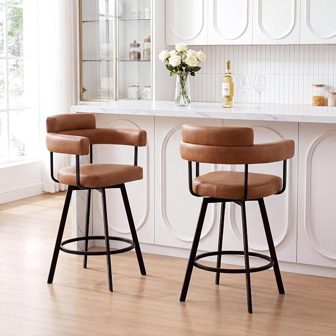Flouki Swivel Bar Stools with Backs and Arms, Modern Faux Leather Counter Stools Set of 4 for Kitchen Island, 26" Upholstered Counter Height Bar Stools for Kitchen Counter, Dining Room, Brown - Image 3