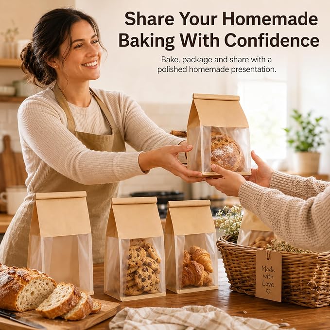 Kraft Bakery Bags with Window & Tin Tie, Stand Up Bread Bags | Window Paper Bags for Homemade Bread, Cookies, Pastries & Treats, Grease Resistant Packaging for Bake Sale, Bakery & Gifts - Image 9