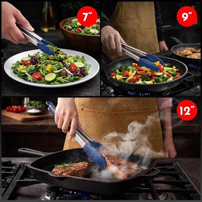 Kitchen Tongs - 12, 9 & 7 Inch Locking Silicone Tongs for Cooking, Set of 3 | Blue Tongs with Silicone Tips, Heat Resistant Tongs for Grilling, Serving, Mixing - Image 7