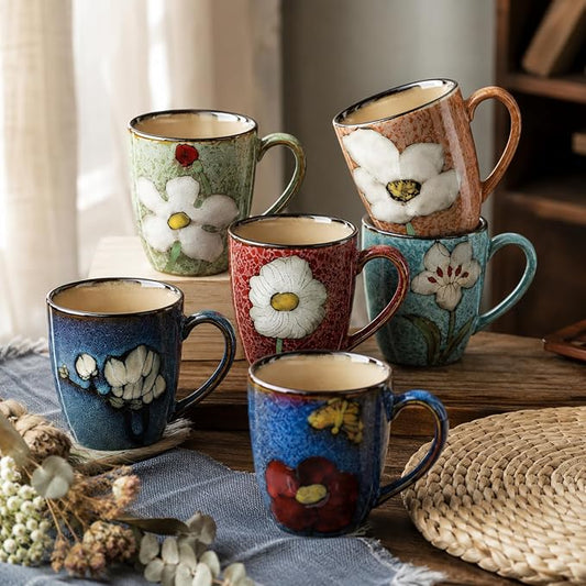 Maxdot 6 Pcs 12oz Ceramic Coffee Mugs Sets Glazing Process Cappuccino Mug Floral Ceramic Tea Cups Idea Gift Set for Women Porcelain Cup for Coffee, Cocoa, Tea, Latte (Retro) (Retro) by Maxdot
