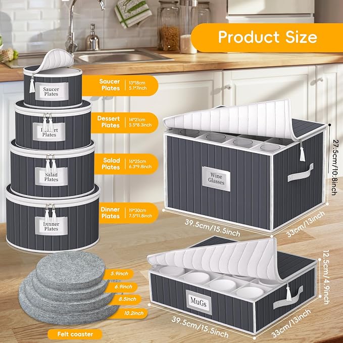 Fine China Storage Containers, 6 Piece Dish Storage Containers, Stackable Plate Storage, Coffee Mug Storage and Wine Glass Storage Box with Dividers, Quilted Dish Organizers, Grey - Image 2