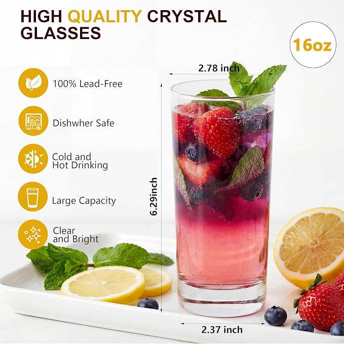 Highball Glasses, Premium Clear Crystal Glassware, 16 oz, Set of 6 | Elegant Tall Highball Glasses for Water, Juice, Mojitos and Cocktails, Perfect for Everyday Use - Image 2