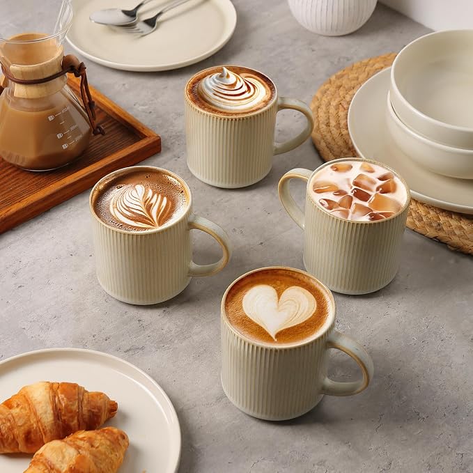 MONITO 16Oz Coffee Mugs Set of 4, Rustic Ceramic Coffee Cups Set with Large Handle, Vintage Striped Stoneware Coffee Mugs for Latte, Cocoa, Tea, Milk, Microwave & Dishwasher Safe, Bonbon Beige - Image 8