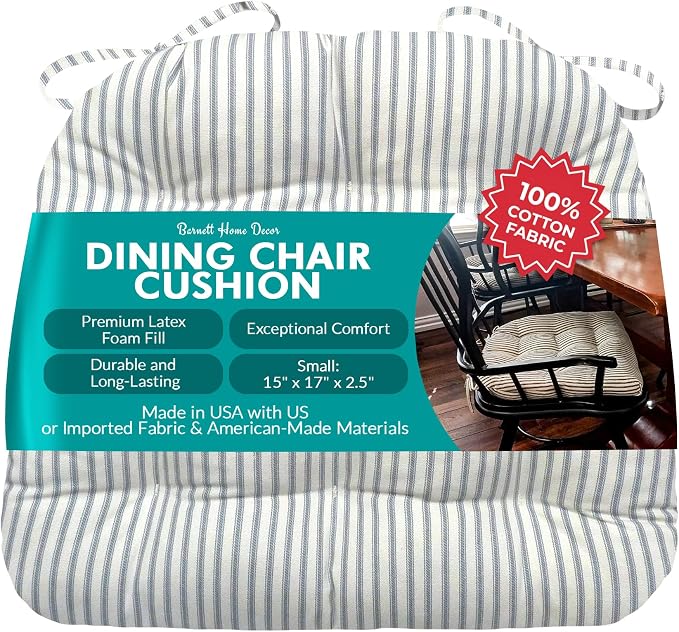 Barnett Home Decor Ticking Stripe Berlin Blue Dining Chair Pad with Ties - 15 x 17 Size Small Chair Cushion - Latex Foam Fill - Machine Washable, Reversible, 100% Cotton, Made in USA (Light Blue) by BarnettHomeDecor