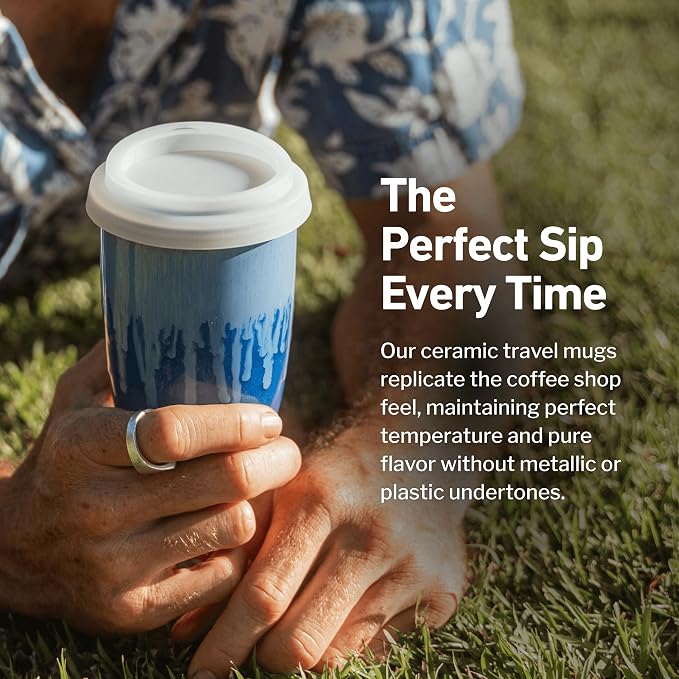 NOVA CERAMICS Ceramic Tumbler– Blue Ceramic Mug – Microwave & Dishwasher Safe Coffee White & Orange Tumbler - Leak-Proof Coffee Travel Mug – 12oz – Neptune - Image 4