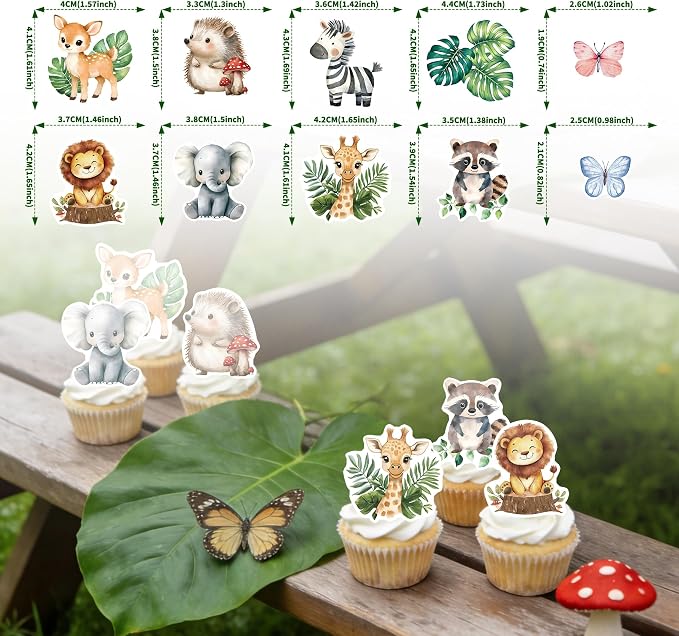 60Pcs Edible Jungle Safari Animal Cupcake Toppers Wafer Paper Green Leaf Woodland Animal Cupcake Kids Baby Shower Birthday Party Decoration Supplies - Image 6