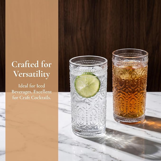 Bekith 6 Pack Romantic Drinking Glasses, 12 oz Highball Glasses, Thick Water Glasses, Tall Glass Cups for Beverages, Beer, Cocktail, Vintage Glassware Set for Dinner Parties, Bars, Restaurants - Image 4