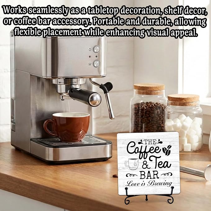 Coffee Bar Sign, Love is Brewing Farmhouse Tabletop Decor, Coffee and Tea Lover Gifts, 5x5 Wood Plaque with Iron Stand for Home Kitchen Cafe, Coffee Bar Decor – L09 - Image 4