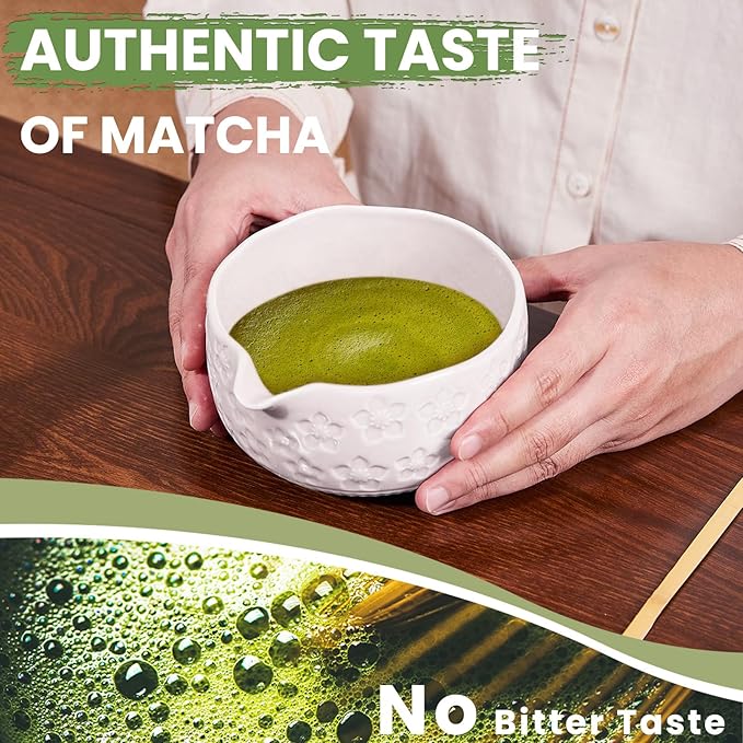 Matcha Whisk Set, Sakura White Ceramic Matcha Set Includes Matcha Bowl, Matcha Whisk (Chasen) and Holder, Sifter, Bamboo Scoop & Spoon - 6 Pcs Matcha Kit for Matcha Lovers