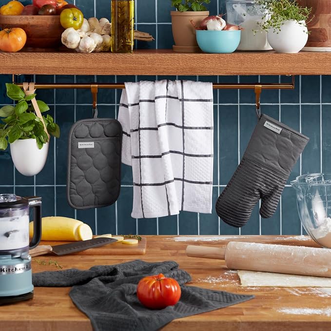 KitchenAid Quilted Cotton Terry Cloth Oven Mitt, Pot Holder, Kitchen Towel 4-Pack Set, Heat Resistant, Silicone Grip, Gift Set, Charcoal Grey, 16"x26", 7"x13" & 7"x10" - Image 2