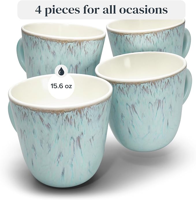 Stoneware Coffee Mug Set of 4, Stylish Modern Beige-Blue Cups, 14.5 Oz Ceramic, Dishwasher and Microwave Safe, Solid Mediteran Set - Image 3