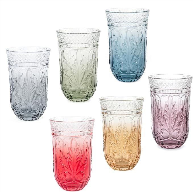 13 OZ 6 Pack Vintage Drinking Glasses Set, Colorful Textured Glass Water Tumblers Cups -Embossed Striped Glassware for Water, Cocktails, Juice, Iced Coffee, Beer(Sweet flag style) by forhaodejia