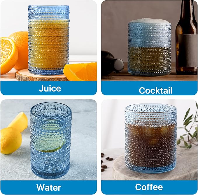 Hobnail Drinking Glasses Set of 12 with 6 Coasters, Blue | 6 Highball Glasses (14.5 oz), 6 Old Fashioned Glasses (10 oz) and 6 Silicone Coasters for Water, Whiskey and Cocktails - Image 5