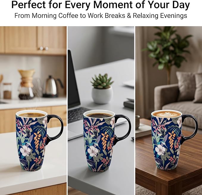 Topadorn 17oz Ceramic Travel Mug with Lid, Tropical Botanical Coffee Mug with Handle, Floral Ceramic Coffee Cup, Microwave & Dishwasher Safe, Gift Box Included - Image 5