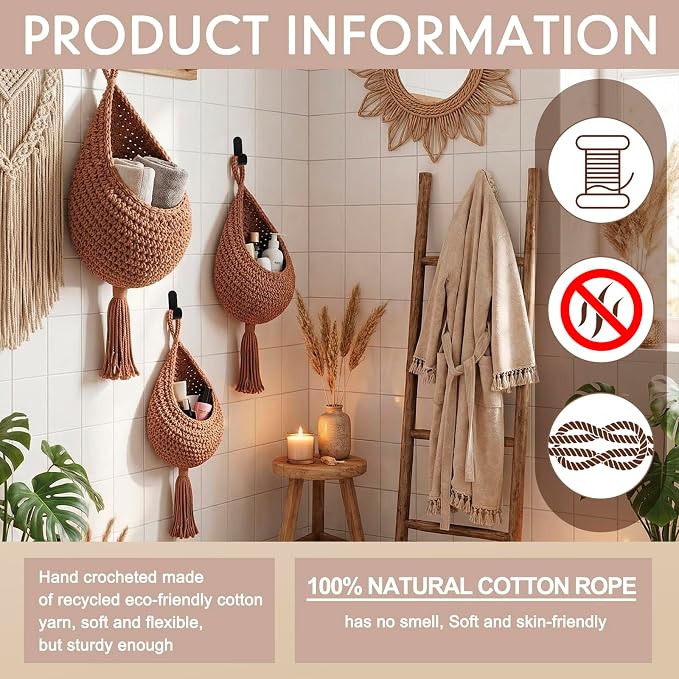 Honeydak Boho Decor Hanging Wall Baskets for Kitchen 3 Pack Teardrop Baskets with Hooks Storage Fruit Onion Vegetable Potato for Home 3 Sizes(White,Tassel,Cotton Rope) - Image 3